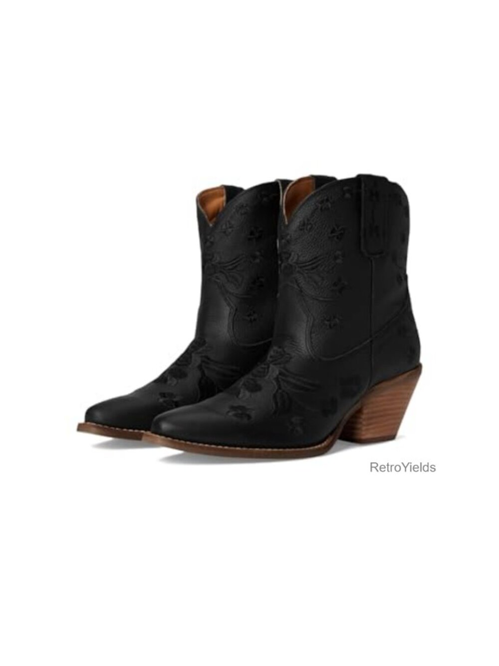 Dingo Floral Embroidered Snip Toe Ankle Boots Leather Block Heel